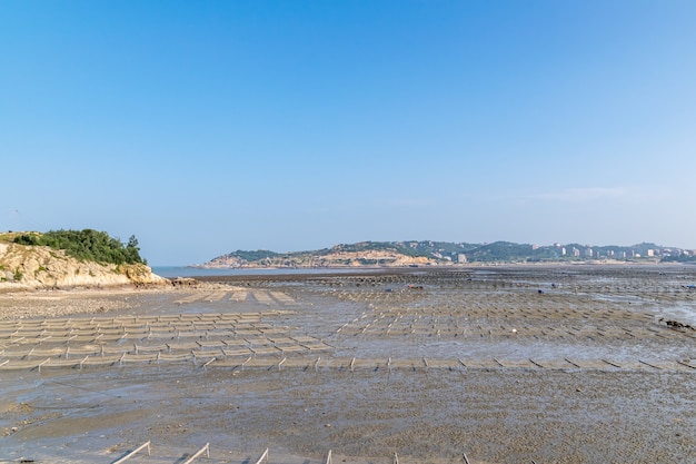 Sob o céu azul, as linhas e texturas das jangadas e cordas de bambu na fazenda de algas na praia são muito bonitas