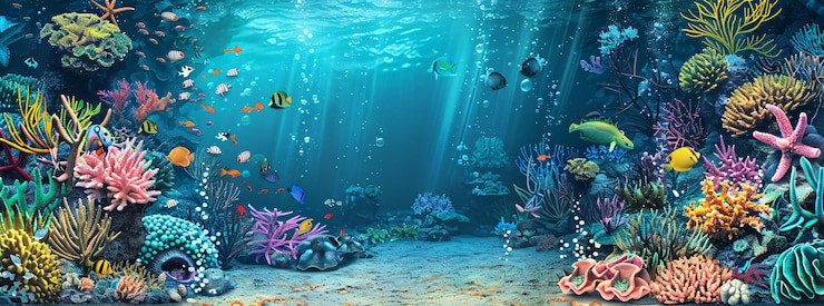 Foto sob o fundo do mar com criaturas oceânicas e corais acompanhados por um pedestal de palco 3d com uma criança