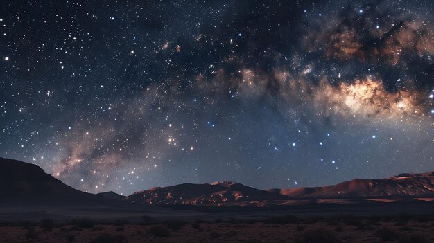 Sob um céu cheio de estrelas, uma vasta paisagem desértica se estende com montanhas à distância.