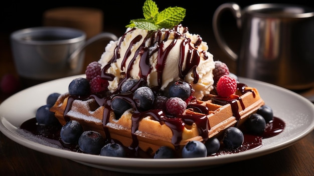 Sobre a mesa está um prato de deliciosos waffles belgas de chocolate com sorvete e mirtilos