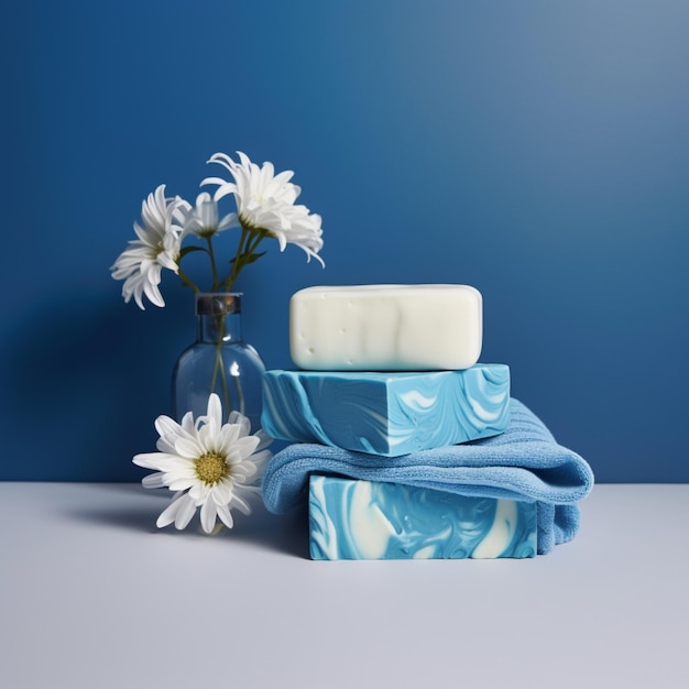 Sobre a mesa estão um sabonete azul e branco e um vaso de flores.