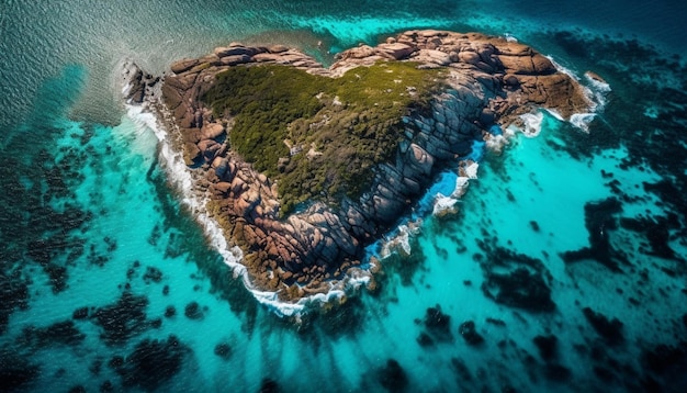 Sobre el agua turquesa arrecife en forma de corazón idílico paraíso generado por IA