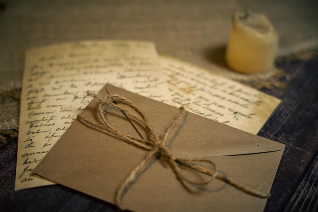 Un sobre antiguo y una carta en la mesa.