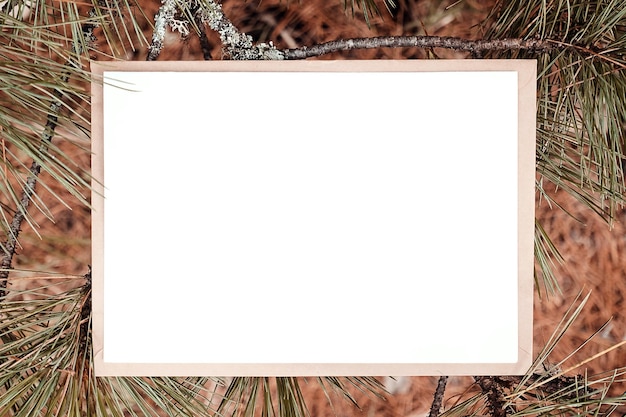 Sobre artesanal de tarjeta en blanco blanco sobre fondo verde natural en el bosque concepto ecológico vista superior mockup plano