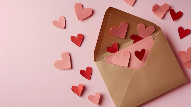 Un sobre de carta de amor con corazones de papel hecho a mano