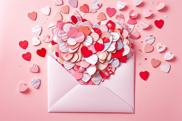 un sobre de carta de amor rebosante de papeles, corazones hechos a mano, colocados sobre valentines rosados o fondo de aniversario con espacio para copiar