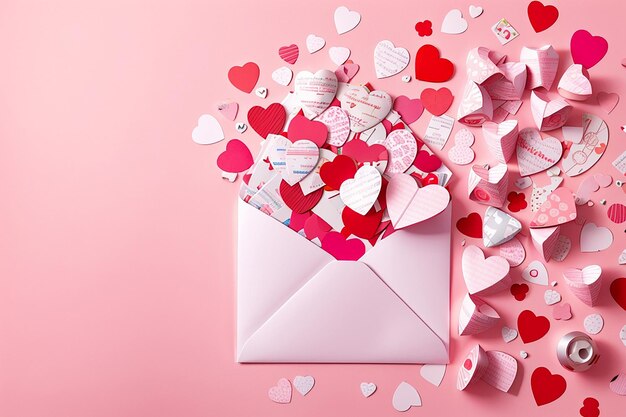 Sobre de carta de amor repleto de corazones artesanales de papel plano sobre fondo rosa de San Valentín o aniversario con espacio para copiar