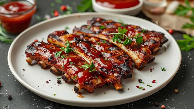 Sobre un escenario blanco se montan costillas de carne a la parrilla y ketchup sobre un cuenco pequeño.