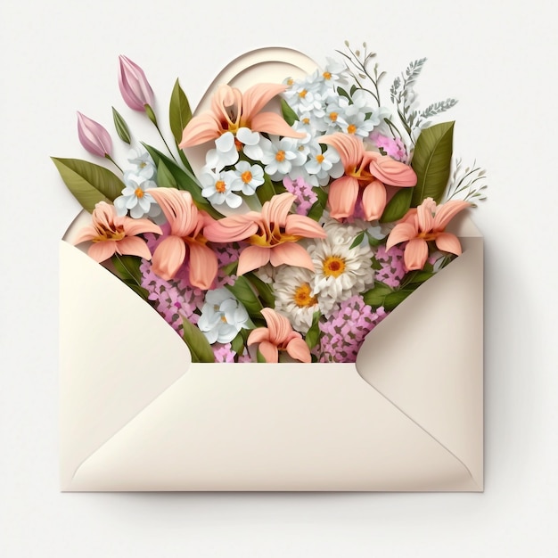 Sobre con flores composición realista con imagen aislada de carta rosa abierta ramo de flores