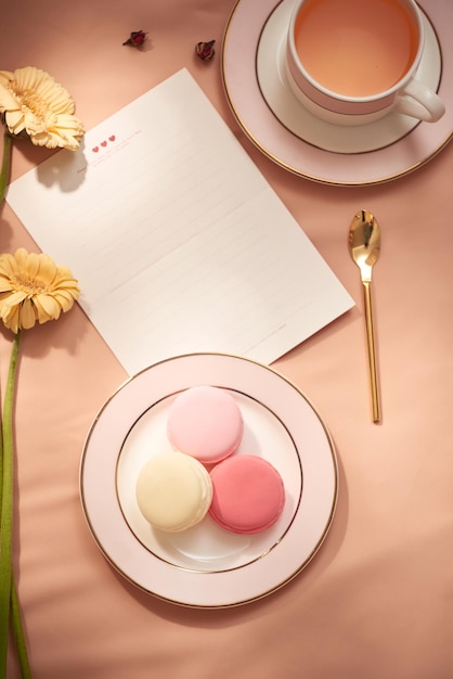 Sobre flores y macarons con taza de té