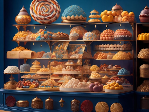 Sobre un fondo azul se muestra una exhibición de piruletas y otros dulces.