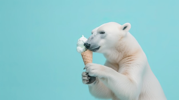 Sobre un fondo azul un oso polar sostiene un helado en sus patas