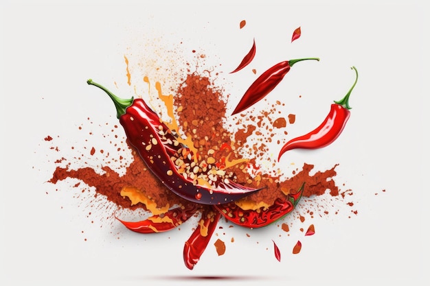 Sobre un fondo blanco, los chiles rojos explotan con chile en polvo y hojuelas