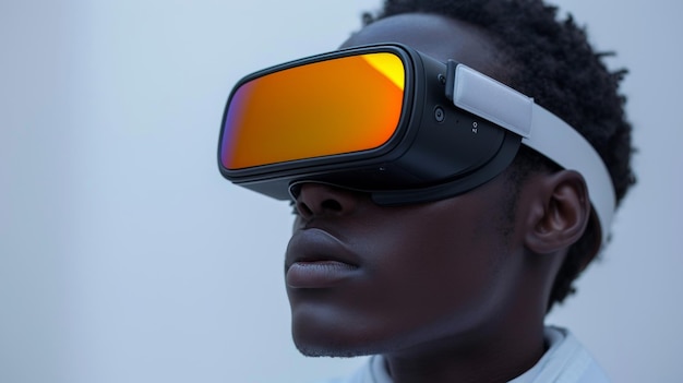 Sobre un fondo blanco un joven afroamericano lleva un auricular de realidad virtual VR