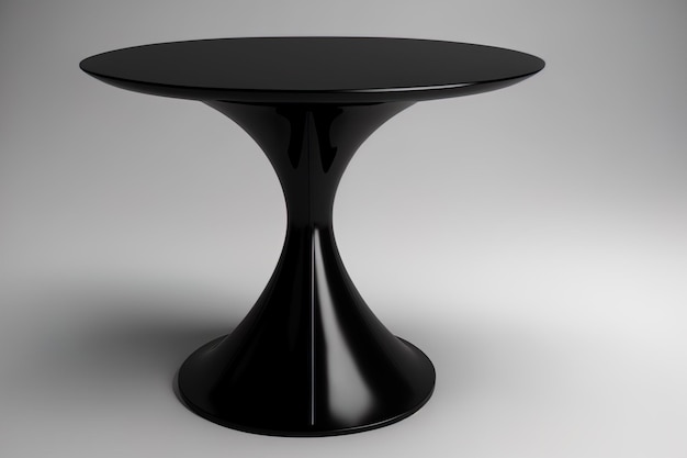 Sobre un fondo blanco, una mesa circular de plástico negro parece moderna.