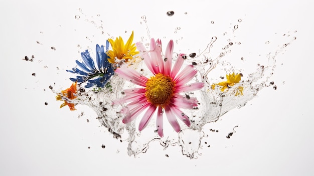Sobre un fondo blanco ramo de flores en toques de colores de agua coloridos