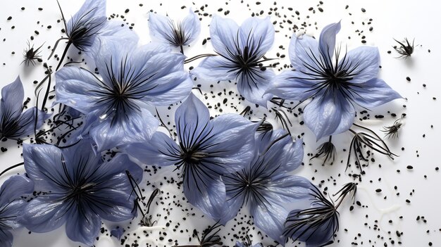 Foto sobre un fondo blanco semillas de comino negro con flor de nigella sativa ia generativa