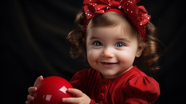 Sobre un fondo negro un niño encantador vestido de rojo con un lazo rojo está jugando con una pelota roja IA generativa