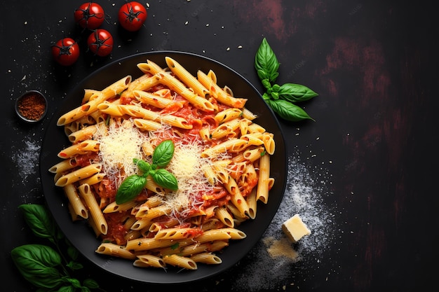 Sobre un fondo oscuro, pasta penne con salsa de tomate, queso parmesano y espacio para copiar albahaca en la vista superior