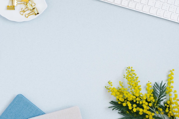 Sobre un fondo plano azul con un bloc de notas de teclado de flor de mimosa amarilla y clips de papelería