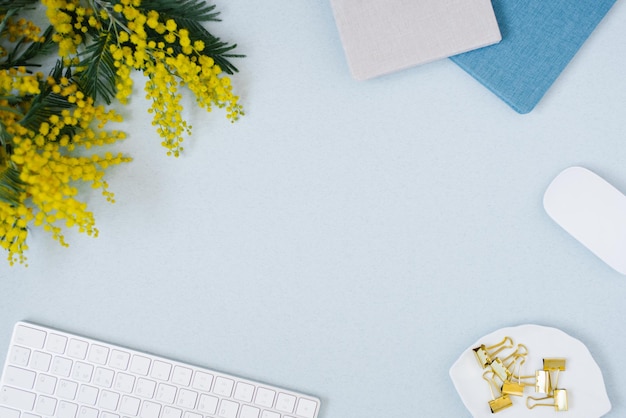 Sobre un fondo plano azul con una flor de mimosa amarilla, bloc de notas de teclado y clips de papelería, un escritorio floral femenino. El concepto de una elegante mañana de primavera. vista superior y espacio de copia