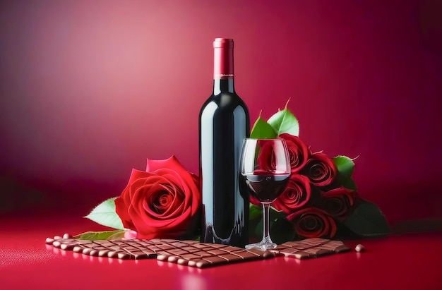 Sobre un fondo rojo hay rosas rojas una botella de vino rojo y corazones de chocolate Día de San Valentín