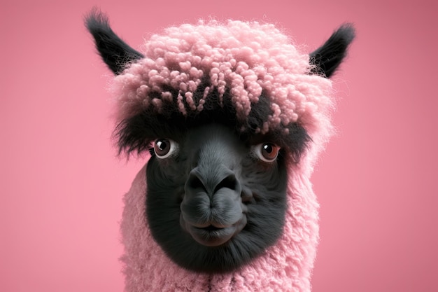 Sobre un fondo rosa hay una divertida alpaca negra.