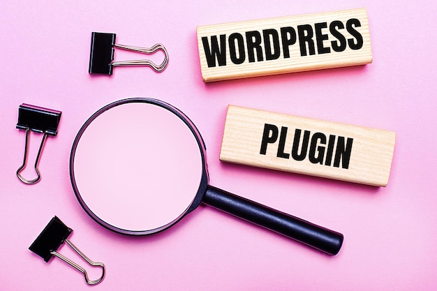 Foto sobre un fondo rosa, una lupa, clips de papel negros y bloques de madera con el texto wordpress plugin business concept