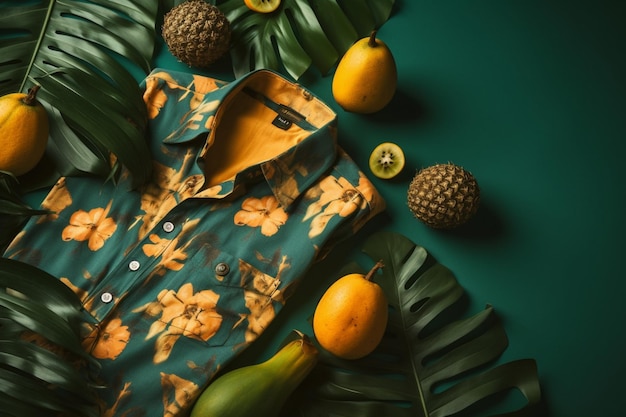 Sobre un fondo verde se muestra una camiseta tropical con un estampado tropical.