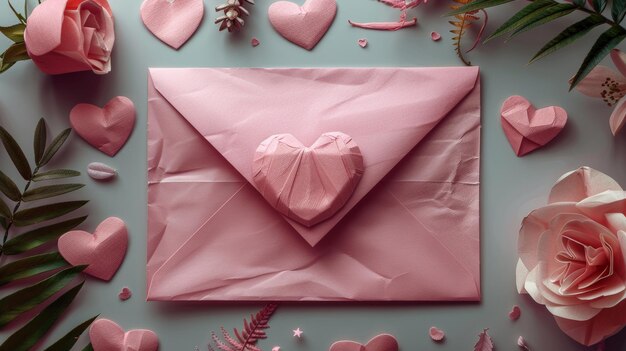 Sobre en forma de corazón con corazones de papel rosado Feliz día de San Valentín