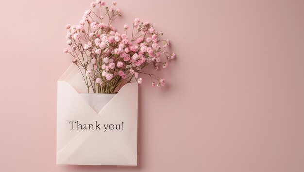 Sobre generativo de IA con flores y un mensaje de agradecimiento en un fondo neutral