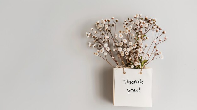 Foto sobre generativo de ia con flores y un mensaje de agradecimiento en un fondo neutral