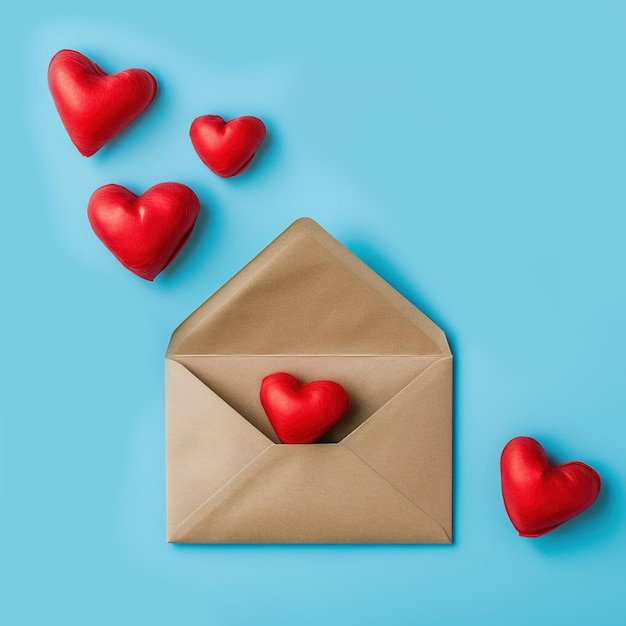 Sobre Kraft y corazones rojos sobre un fondo azul Bandera del Día de San Valentín Tarjeta postal para el 14 de febrero