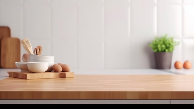 Sobre una mesa de cocina blanca contemporánea, coloque la exhibición de su producto La IA generativa