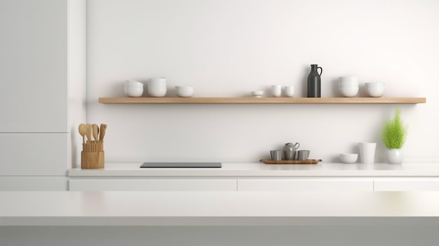 Sobre una mesa de cocina blanca contemporánea, coloque la exhibición de su producto La IA generativa