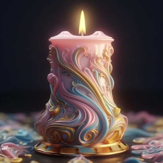 Sobre una mesa se enciende una vela rosa con una llama.