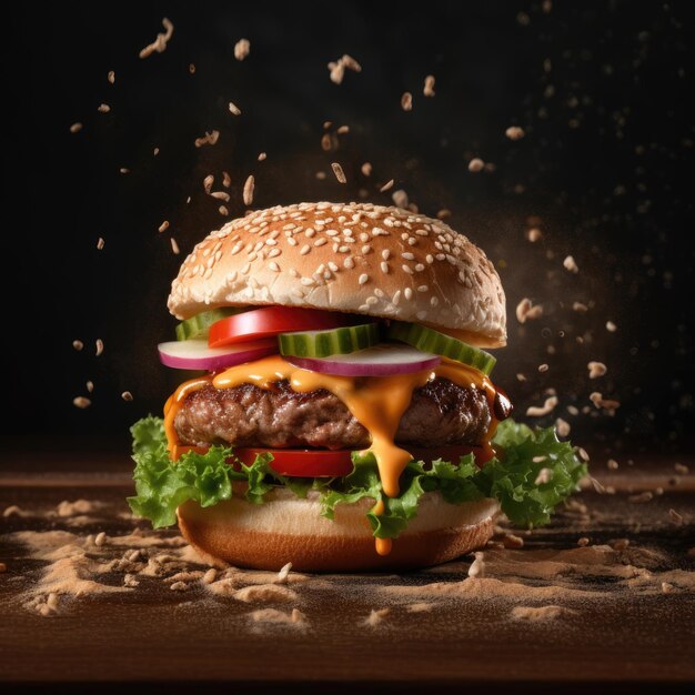 Foto sobre una mesa hay una hamburguesa con queso, tomate y cebolla.