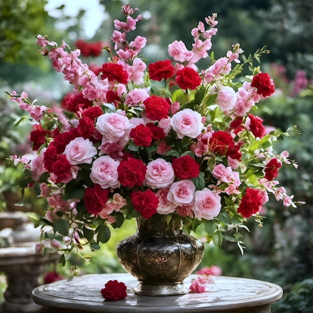 sobre una mesa hay un jarrón lleno de flores rosas y rojas