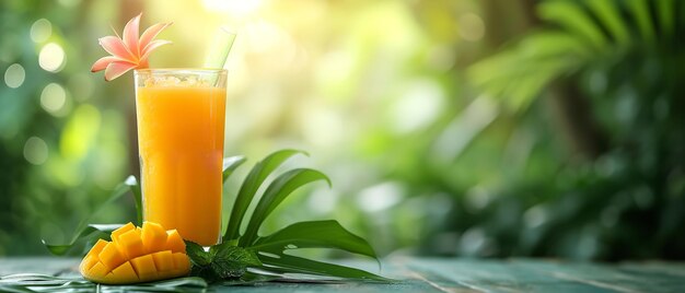 Sobre una mesa de madera con un jugo de mango tropical orgánico ambientado en la naturaleza y el espacio IA generativa