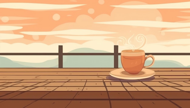 Sobre una mesa de madera una taza de café Ilustración AI generativa