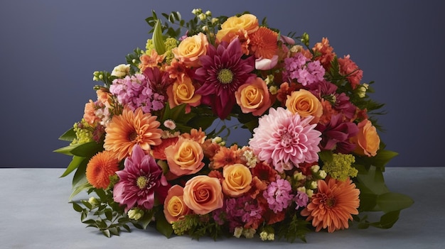 Sobre una mesa se muestra una corona floral con flores naranjas y rosas.