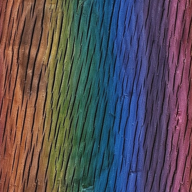 Sobre una mesa se muestra un patrón de madera con los colores del arco iris.