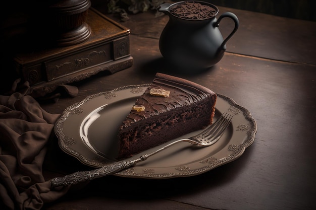 Sobre la mesa un plato con un delicioso trozo de tarta de chocolate al horno