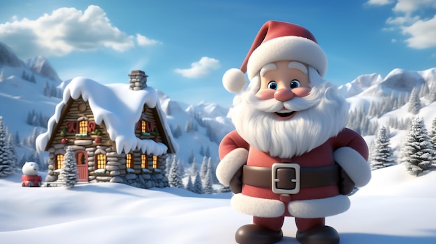 Sobre o feliz desenho animado 3D do Papai Noel em pé na frente da casa com campo de neve Generative ai