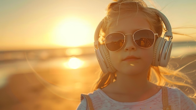 Sobre una orilla de mar una joven con auriculares y gafas de sol es DJ y espacio IA generativa