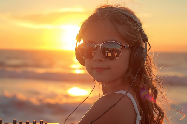 Sobre una orilla de mar una joven con auriculares y gafas de sol es DJ y espacio IA generativa