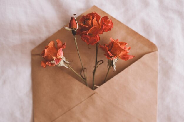 Sobre de papel artesanal con rosas rojas secas sobre primer plano de fondo blanco. Vista superior. Correo postal.