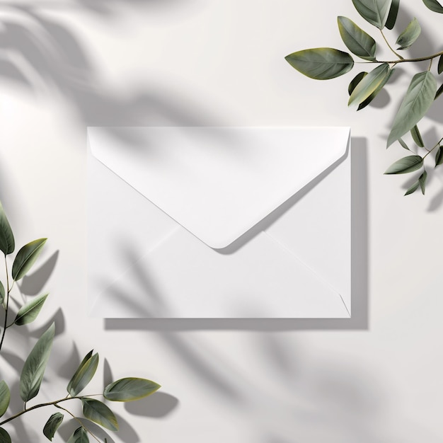 Un sobre postal moderno con pocas plantas o hojas sobre un fondo limpio y brillante
