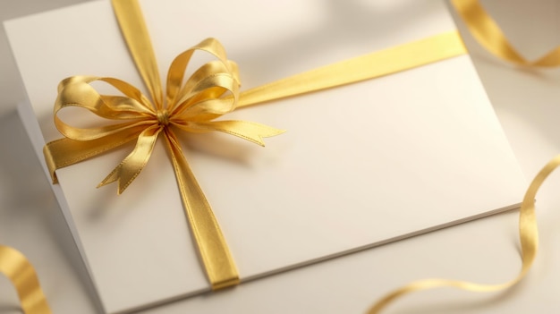 Un sobre de primer plano atado con una cinta dorada brillante, una luz cálida, un ambiente festivo acogedor, perfecto para una invitación de boda, una celebración de cumpleaños.