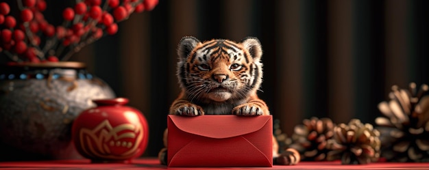 Foto un sobre rojo con una figura de tigre en miniatura como fondo